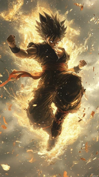 Goku Phone Wallpapers showing Goku performing a high kick framed in golden aura and falling dust.