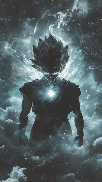 Goku Phone Wallpapers showing Ultra Instinct Goku glowing softly with silver aura in a cosmic background.