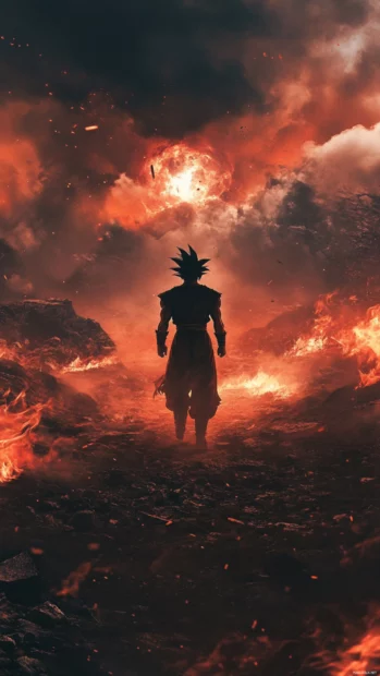 Goku Phone Wallpapers with a dramatic back view of Goku walking away from a burning battlefield.