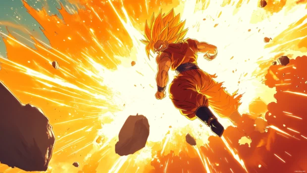 Goku Wallpaper 4K showcasing Goku roaring into the sky as a beam of energy explodes around him.