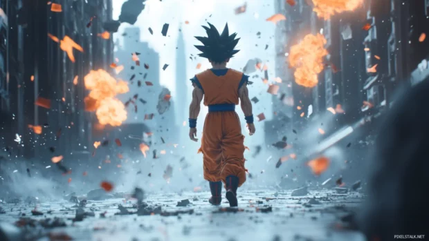 Goku Wallpaper HD 1080p designed with cinematic depth, featuring Goku walking through falling debris.