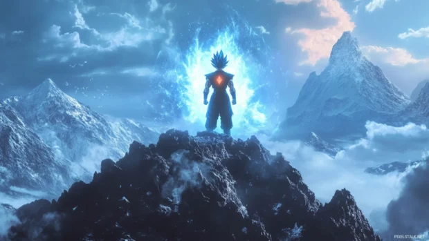 Goku Wallpaper HD 1080p showing Ultra Instinct Goku glowing with intense aura above a mountain ridge.