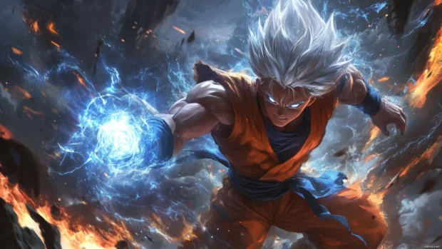 Goku Wallpapers design showing Goku in Ultra Instinct mode with glowing silver hair and intense focus.