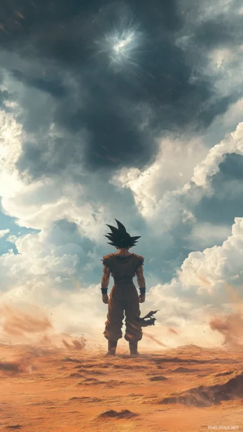 Goku Wallpapers showcasing Goku standing alone in the desert with wind blowing and distant storm clouds.