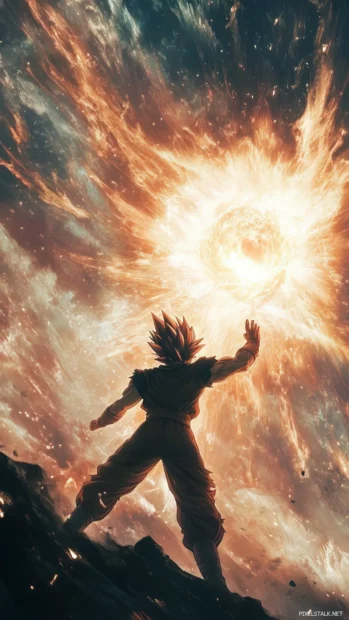 Goku Wallpapers where he deflects an energy blast using only one hand with a cool expression.