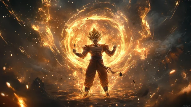 Goku Wallpapers with Goku powering up in Super Saiyan form surrounded by golden aura on a dark background.
