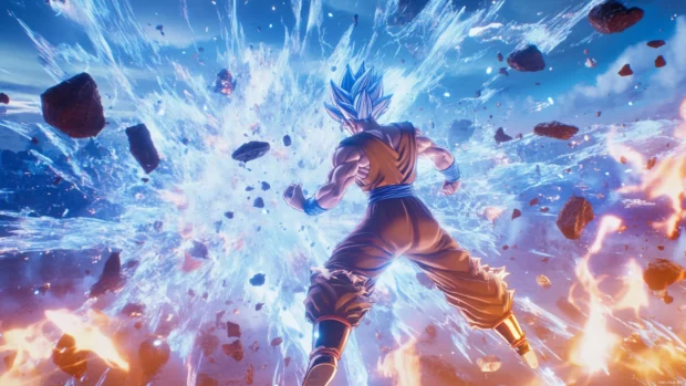 Goku and Vegeta desktop Wallpaper where both charge up separately in different corners of a shattered arena.