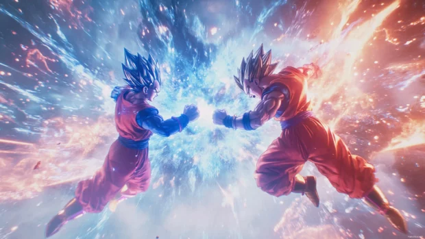Goku and Vegeta spin in air clashing fists surrounded by kinetic energy bursts.