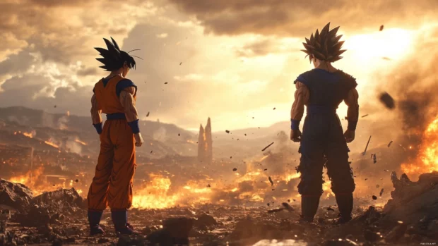 Goku and Vegeta stand silently side by side as winds sweep across the cratered battlefield.