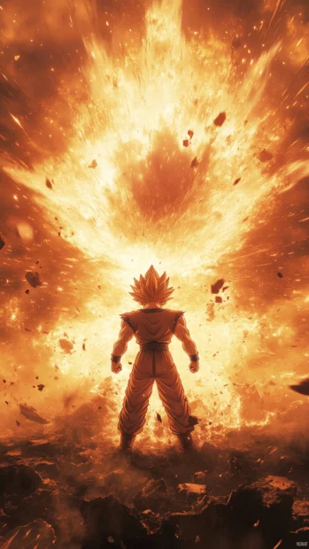 Goku flares up into Super Saiyan mode as his scream echoes across a shattered sky.
