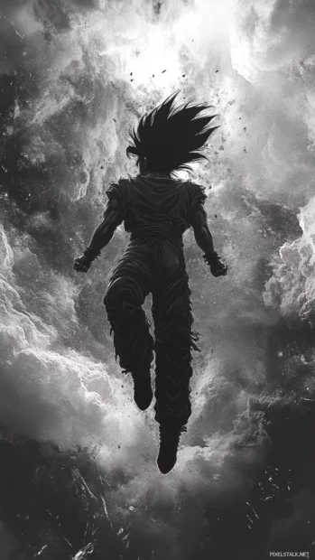 Goku floats against a dark sky while wind lifts his hair and energy flows upward.