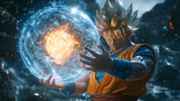 Goku holds a glowing energy sphere with both hands as his hair flickers between forms.