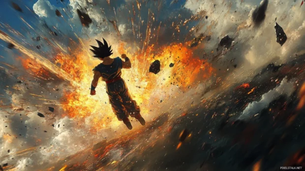 Goku holds his ground as a gust of energy moves through the scene.
