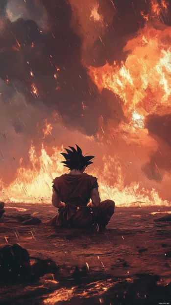Goku kneels on the battlefield with quiet breath as flames settle in the distance.