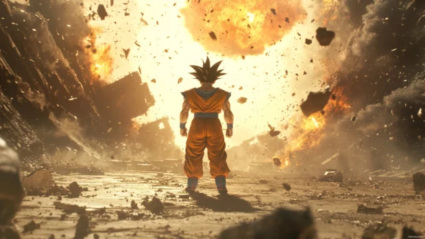 Goku lands with a crash on a ruined arena floor as debris floats upward from the impact.