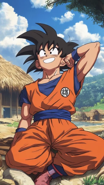 Goku laughs with one hand behind his head and a carefree smile in a peaceful village.