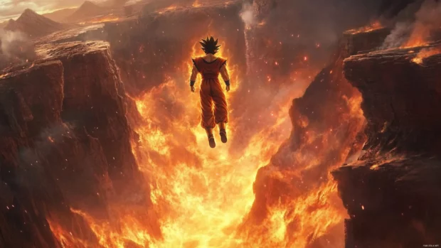 Goku levitates above a glowing canyon with winds curling around his boots and flames lighting the air.