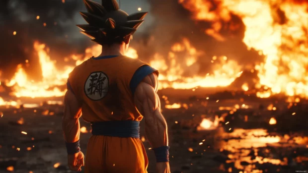 Goku looks back over his shoulder while walking away from a burning battlefield.