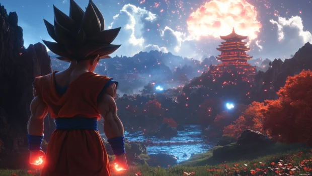 Goku looks back over his shoulder with a confident half smile and glowing fists.