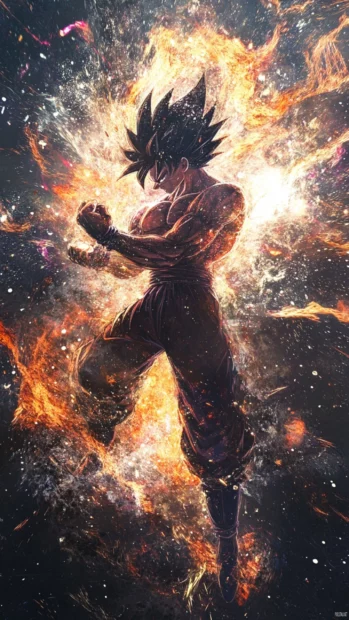 Goku mid punch, captured with energy bursts flying in all directions.