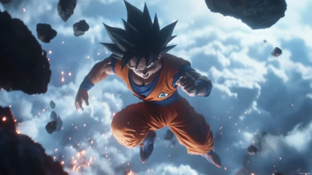 Goku moves with precision between falling rocks, eyes focused and motion fluid.