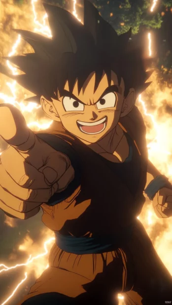 Goku points at the screen with a grin while lightning sparks in the background.