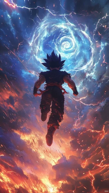Goku races upward with a spiral of clouds and lightning trailing behind.