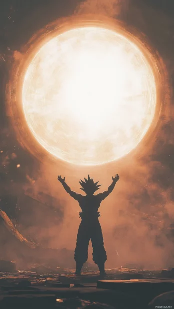 Goku raises both hands as light gathers into a perfect sphere above him.