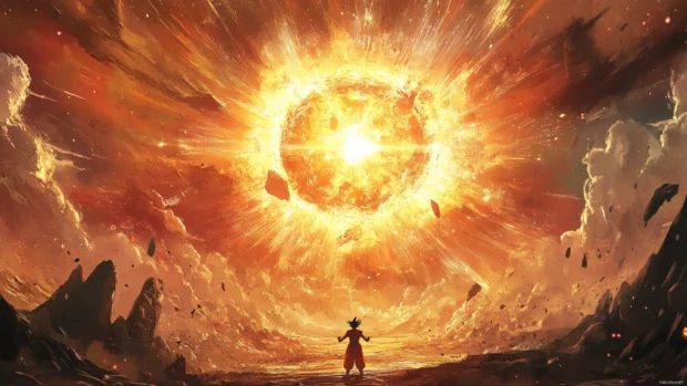Goku raises his hands as energy from the entire planet flows into a massive Spirit Bomb.
