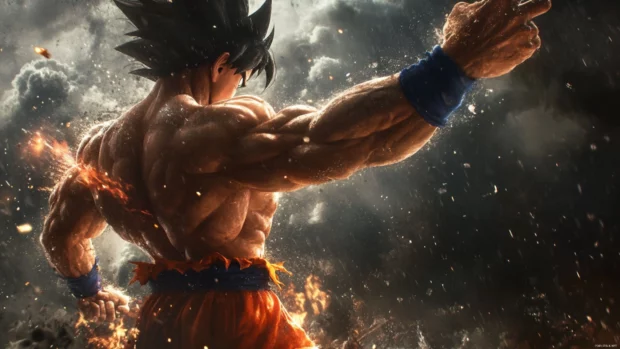 Goku raises one hand with his back turned, ready to finish the fight in one blow.