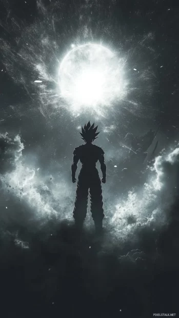 Goku stands in a spotlight of energy as the world around him fades into shadow.