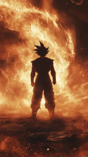 Goku stands on one foot as flames swirl quietly behind him and dust rises.