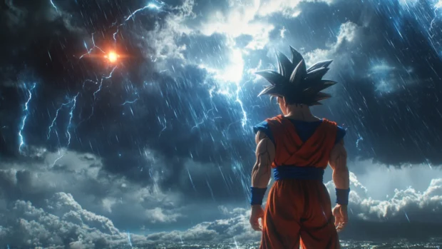 Goku stands under a thunderstorm, aura steady and eyes locked on the sky.