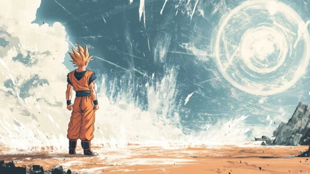 Goku stares into the horizon with a faint smirk while energy flows around his feet.