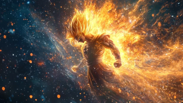 Goku super saiyan wallpaper featuring Goku mid transformation with golden hair blazing and aura exploding.