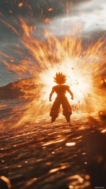 Goku taps the ground lightly as a wave of energy rushes outward.
