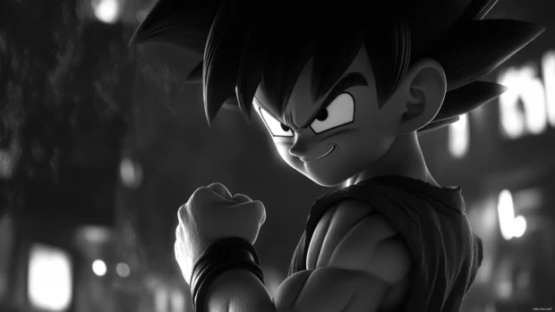 Goku turns to face the viewer with a smirk while gripping his wrist in preparation.