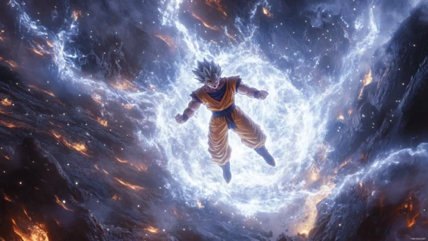 Goku ultra instinct wallpaper featuring Goku surrounded by white flames as he floats above a crater.