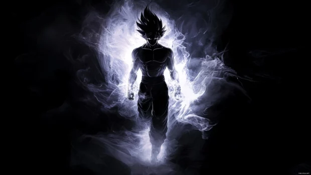 Goku ultra instinct wallpaper where he appears from the shadows with a glowing white aura behind him.