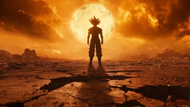 Goku walks calmly across cracked earth after a massive battle, his silhouette glowing.