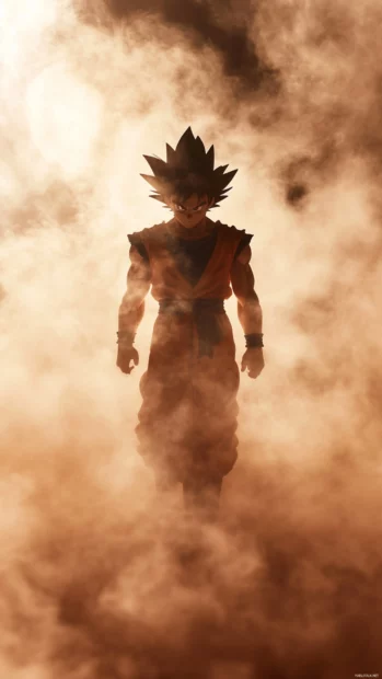 Goku walks slowly toward the screen through smoke with eyes locked ahead.