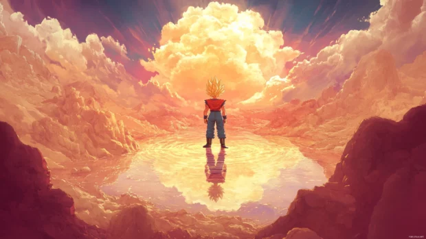 Gokus reflection appears in a shallow crater as he charges his power upward.