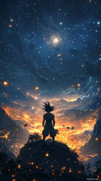 Gokus shadow expands over a glowing hilltop as stars blink into view.