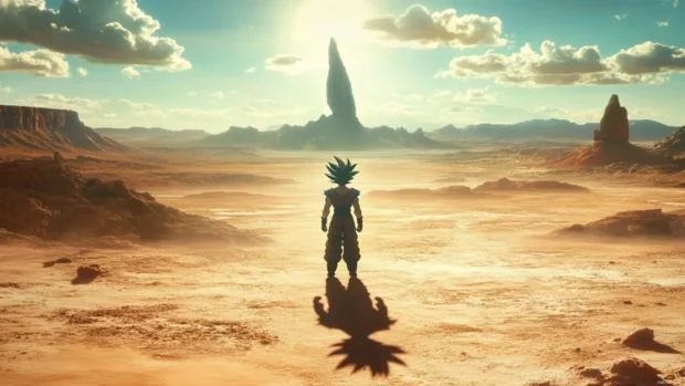 Gokus shadow stretches across a desert landscape as he walks slowly toward a lone enemy.