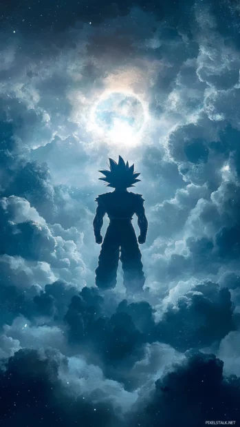 Gokus silhouette flickers between forms as he hovers quietly under the clouds.