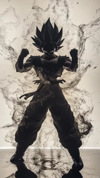 Gokus silhouette flickers with raw energy as he charges power in slow motion.