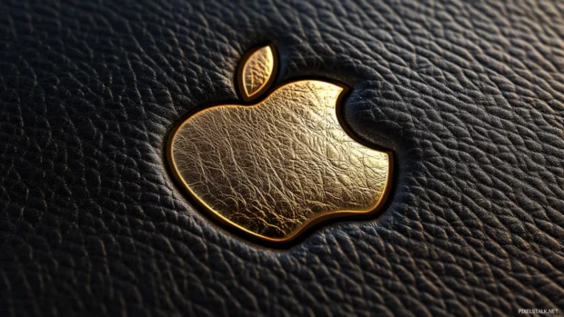 Golden Apple logo engraved on luxurious black leather texture, designed for luxury Apple wallpaper.