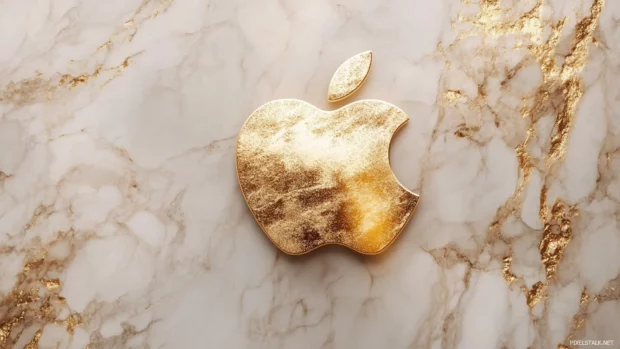 Golden Apple logo shimmering over marble like background, luxurious style.