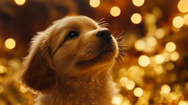 Golden Retriever puppy looking up with sparkling eyes, one of the best puppy wallpaper choices for desktops.