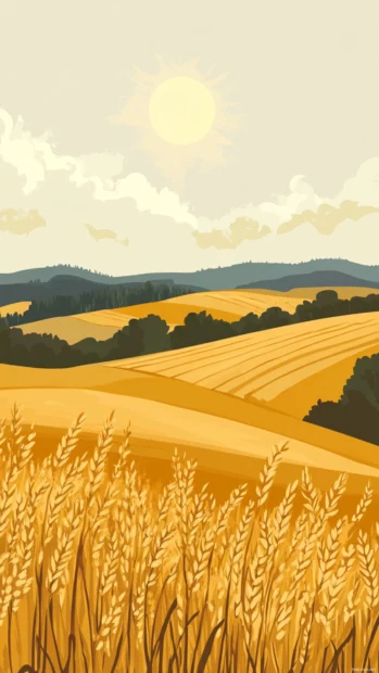 Golden Summer afternoon in the countryside with rolling hills and wheat fields.